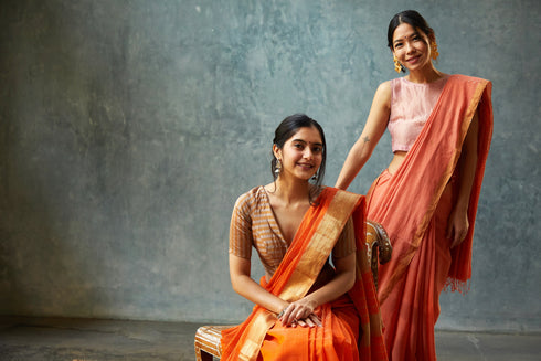 Handloom Orange Bengal Cotton Sequin Saree